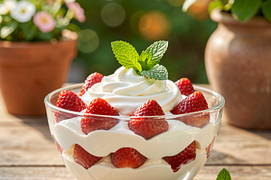 Bittersweet cream with strawberries (stabilized with gelatin) — dessert for May Day