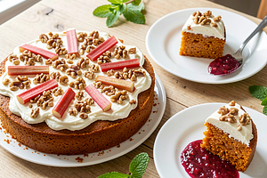 Carrot cake with cream cheese and sour cream frosting (May Day twist with rhubarb)