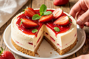 Cold cheesecake with strawberry-rhubarb compote