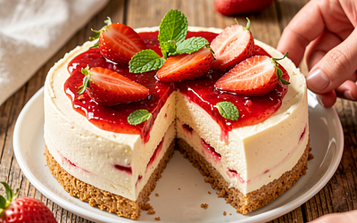 Cold cheesecake with strawberry-rhubarb compote