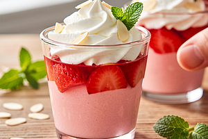 Layered rhubarb-strawberry jelly with whipped cream