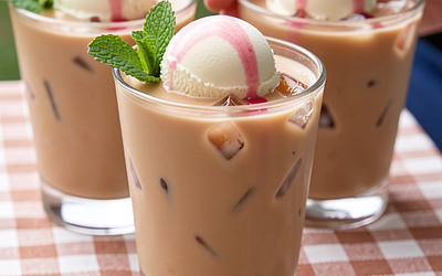 Frozen coffee with ice cream and a rhubarb twist