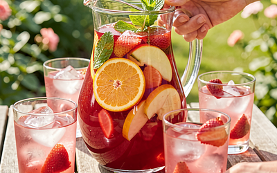May Day Sangria with Strawberry and Rhubarb
