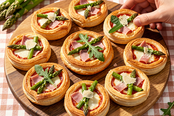 Mini pizze z ciasta francuskiego ze szparagami i szynką
