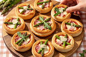 Mini pizze z ciasta francuskiego ze szparagami i szynką