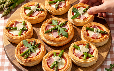 Mini pizze z ciasta francuskiego ze szparagami i szynką