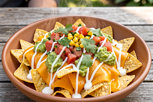 May Day Nachos with Cheddar Cheese, Salsa, and Guacamole