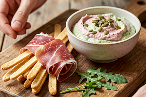 Grissini with Parma ham and rhubarb-sorrel dip