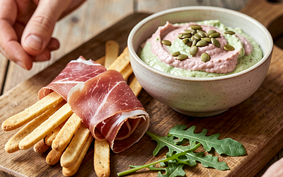 Grissini with Parma ham and rhubarb-sorrel dip