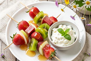 Fruit skewers with honey-lemon glaze and cottage cheese-yogurt dip