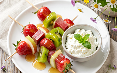 Fruit skewers with honey-lemon glaze and cottage cheese-yogurt dip