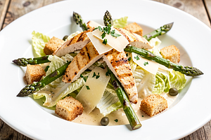 Caesar Salad with Chicken and Grilled Asparagus