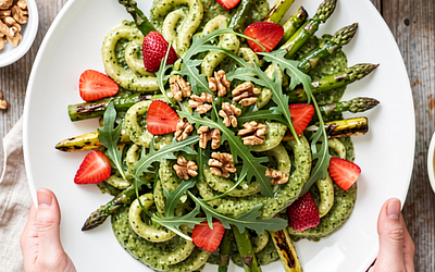 Pasta salad with arugula pesto and grilled asparagus