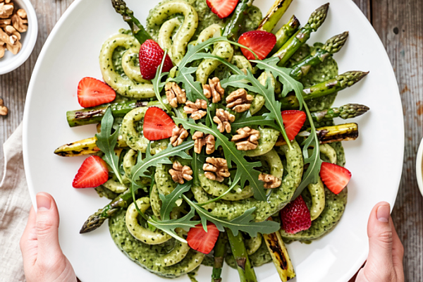 Sałatka z makaronem, rukolowym pesto i grillowanymi szparagami