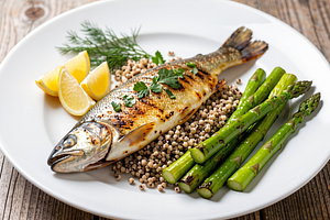 Grilled trout with herbs, buckwheat, and asparagus