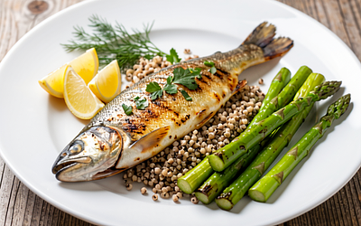 Grilled trout with herbs, buckwheat, and asparagus