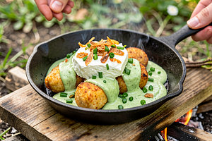 Cottage Cheese Dumplings Served with Sorrel Cream Sauce (over a campfire)