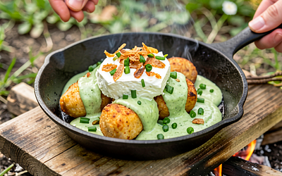 Cottage Cheese Dumplings Served with Sorrel Cream Sauce (over a campfire)