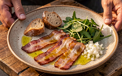 Bacon in oil with garlic over an open fire