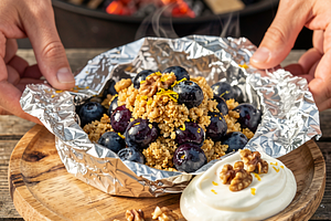 Blueberries with yogurt baked in the fire pit