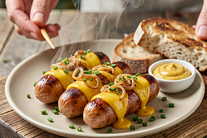 Grilled sausages stuffed with yellow cheese
