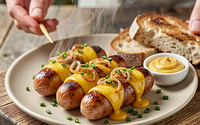 Grilled sausages stuffed with yellow cheese