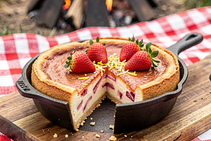 Baked cheesecake in a fire pit with rhubarb (served cold)