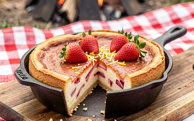 Baked cheesecake in a fire pit with rhubarb (served cold)