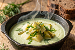 Cucumber soup with green onions over an open fire