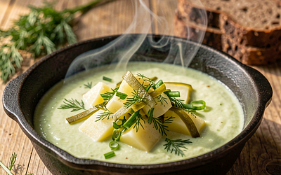 Cucumber soup with green onions over an open fire