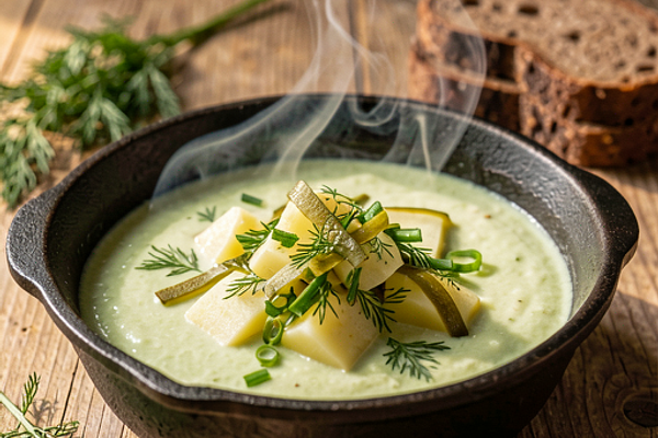 Zupa ogórkowa z dymką na ognisku