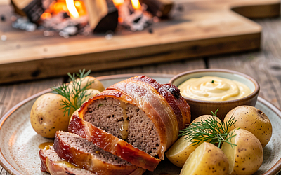 Bacon-wrapped meatloaf baked over an open fire