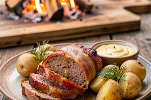 Bacon-wrapped meatloaf baked over an open fire