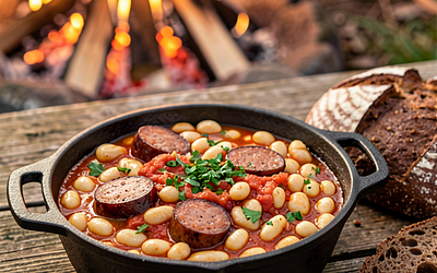 Fasola z kiełbasą pieczona w ognisku (polska, regionalna)