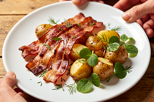 Roasted Bacon with Herbs Served with Young Potatoes