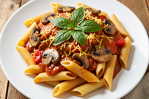 Penne pasta with tomato sauce and mushrooms (Polish-modern)