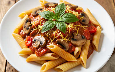 Penne pasta with tomato sauce and mushrooms (Polish-modern)