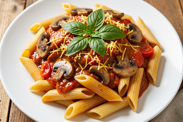Makaron penne z sosem pomidorowym i pieczarkami (polska-nowoczesna)