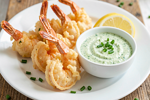 Shrimp in a light batter with garlic and sorrel-curd dip (fusion)