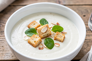 Creamy White Vegetable Soup with Gluten-Free Croutons