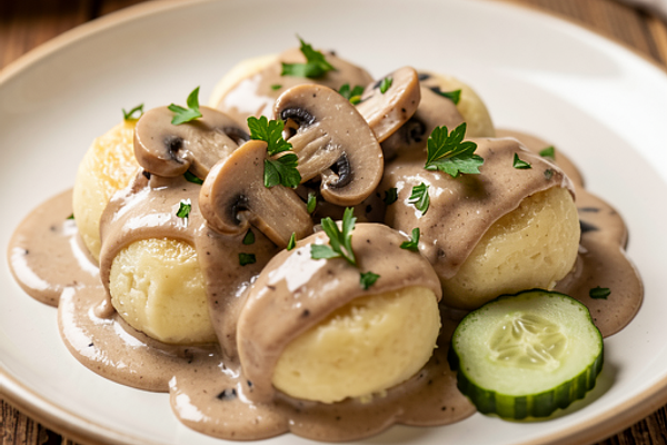 Kopytka z mąki ziemniaczanej z sosem grzybowym