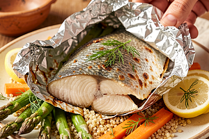 Baked trout in foil with spring vegetables and spelt