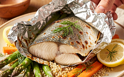 Baked trout in foil with spring vegetables and spelt