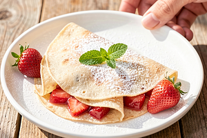 Rice flour pancakes with summer strawberry-rhubarb filling