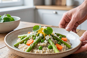 Pęczotto with young vegetables and sorrel (spring risotto in Polish)