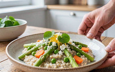 Pęczotto with young vegetables and sorrel (spring risotto in Polish)