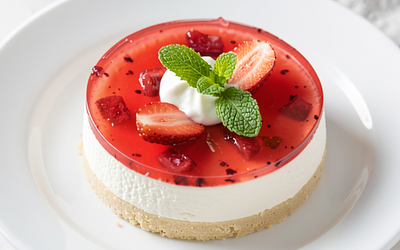 Cold cheesecake with cottage cheese and strawberry-rhubarb jelly