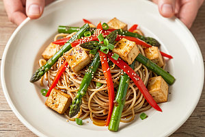 Rice noodle stir-fry with asparagus and tofu