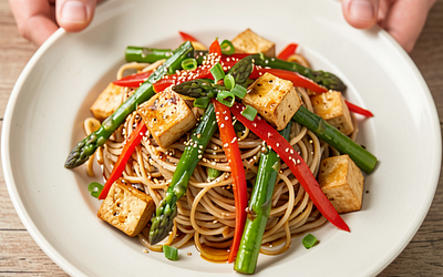 Rice noodle stir-fry with asparagus and tofu