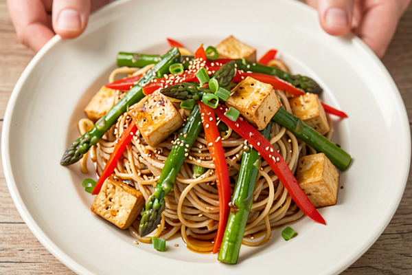 Rice noodle stir-fry with asparagus and tofu